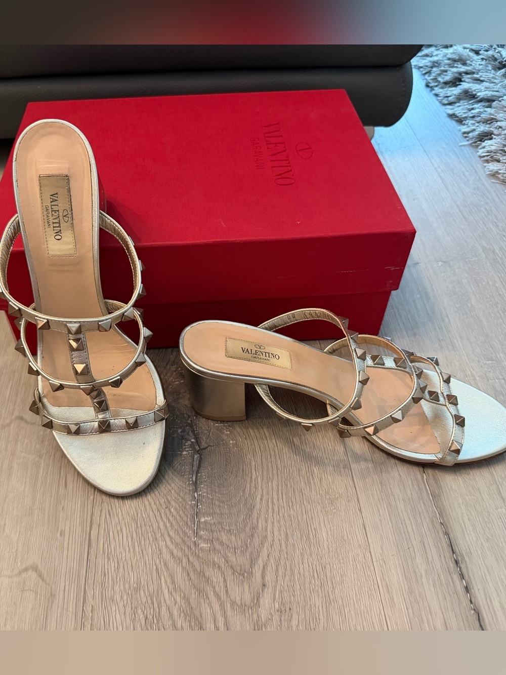 Valentino Gold Rockstud Block Heel Mules